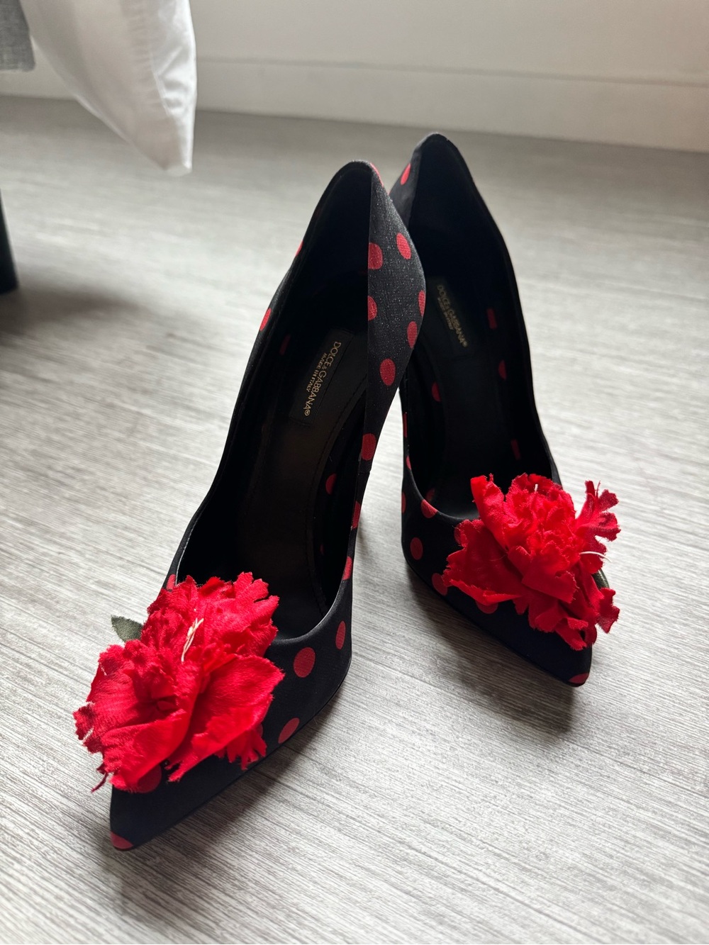 Dolce & Gabbana Black Polka Dot Pumps with Red Floral Accent